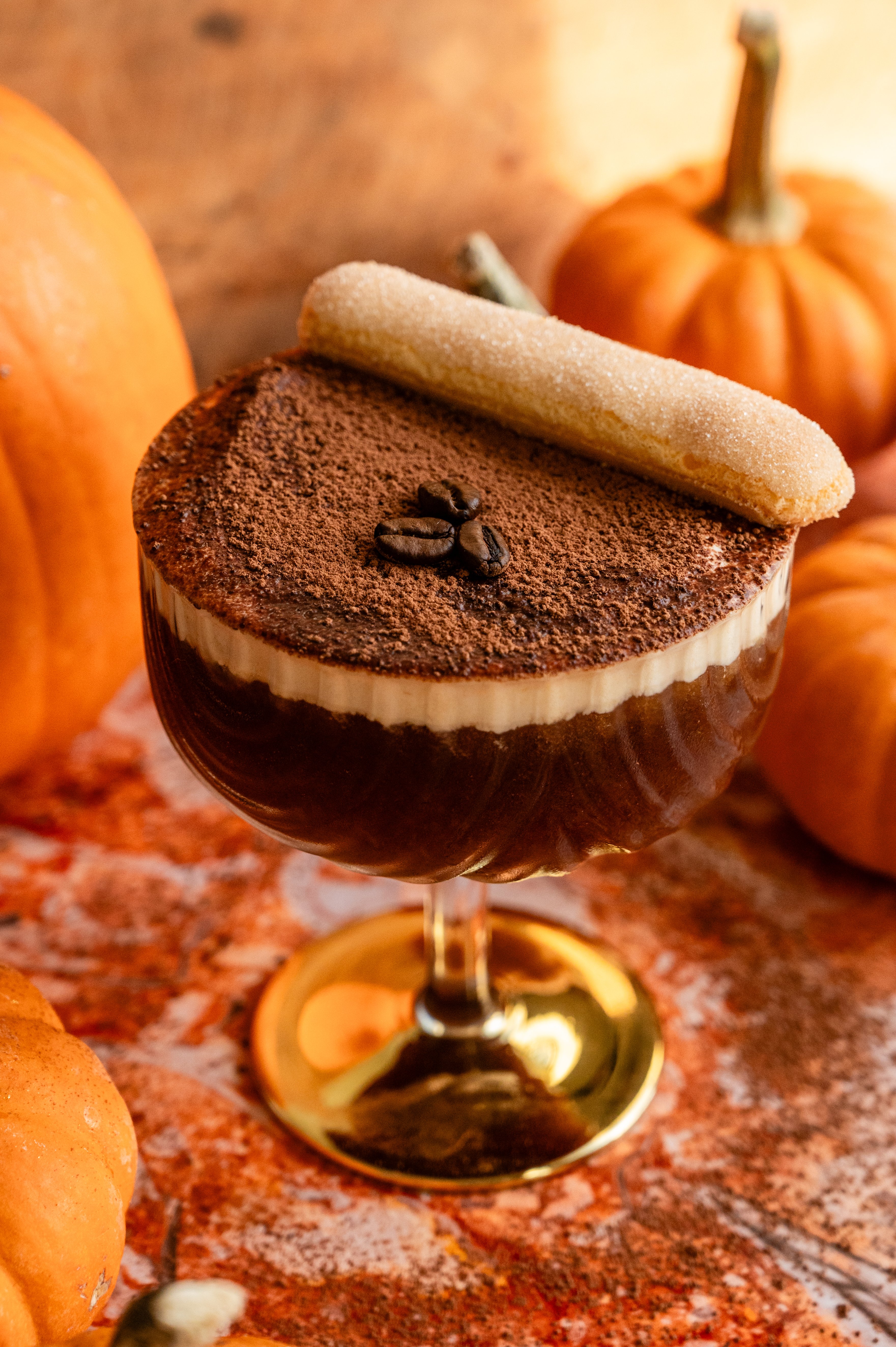 The finish cocktail complete with dusting of chocolate and a lady finger.