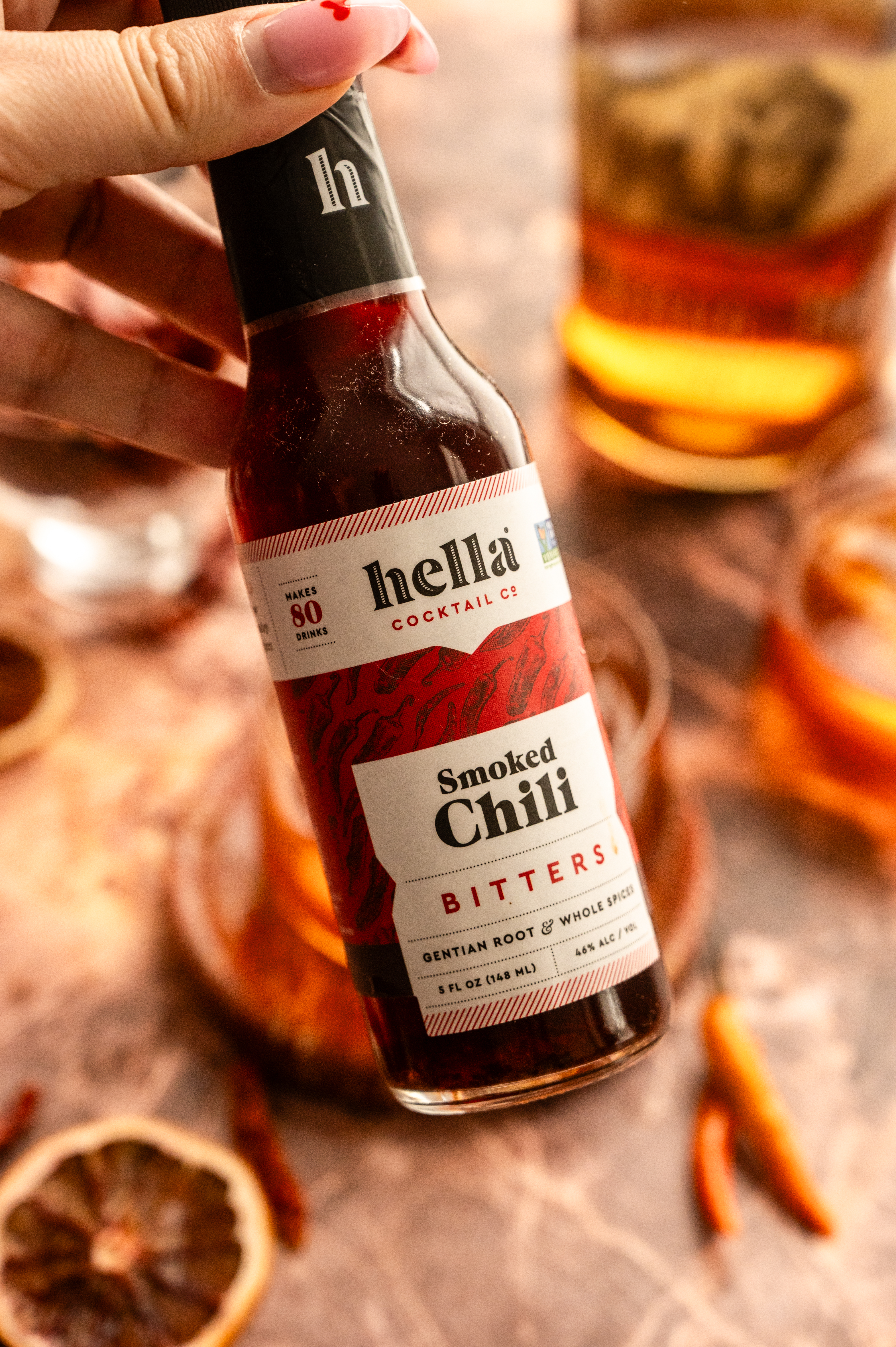 A close up shot of the smoked chili bitters.